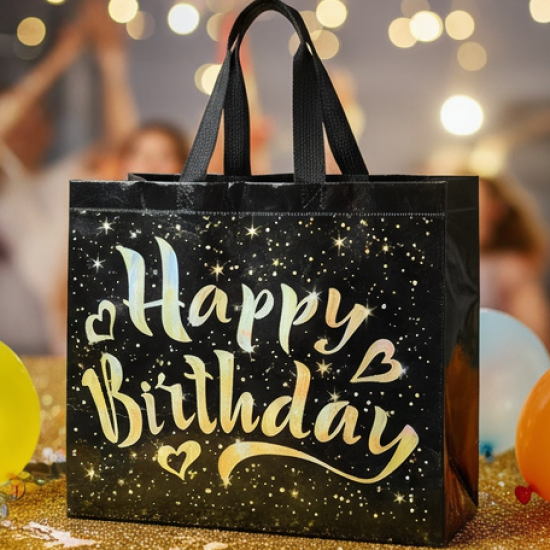 Birthday Gift Bag with Gold Shiny Stars, Reusable Party Gift Bags (1 Pc)