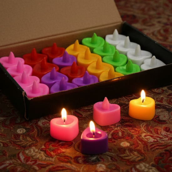 Heart Shape Battery Operated Tea Light LED Candles, for Decoration Use, Diwali (24 Pc Set)