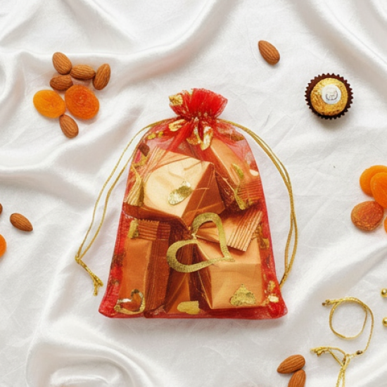 Net Fabric Drawstring Pouch – Ideal for Dry Fruits, Organza Shagun Potli (Mix Sizes & Design)
