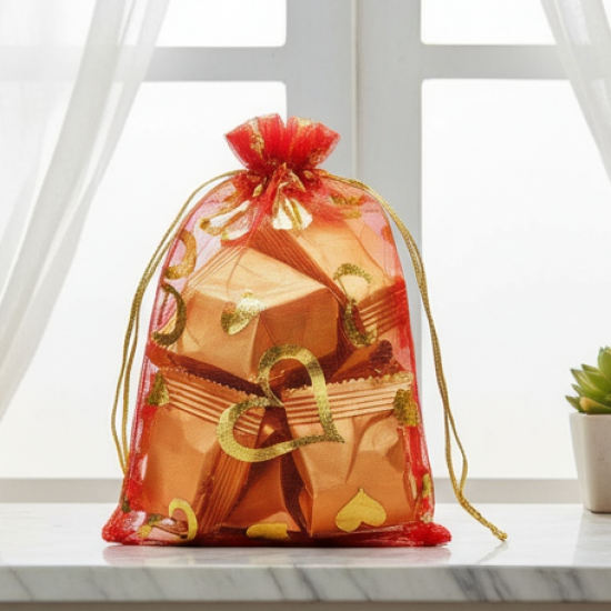 Net Fabric Drawstring Pouch – Ideal for Dry Fruits, Organza Shagun Potli (Mix Sizes & Design)