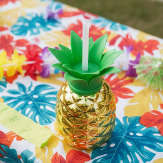 Plastic Pineapple Cups with Straw (1 Pc) - Party Favors, Hawaiian, Beach